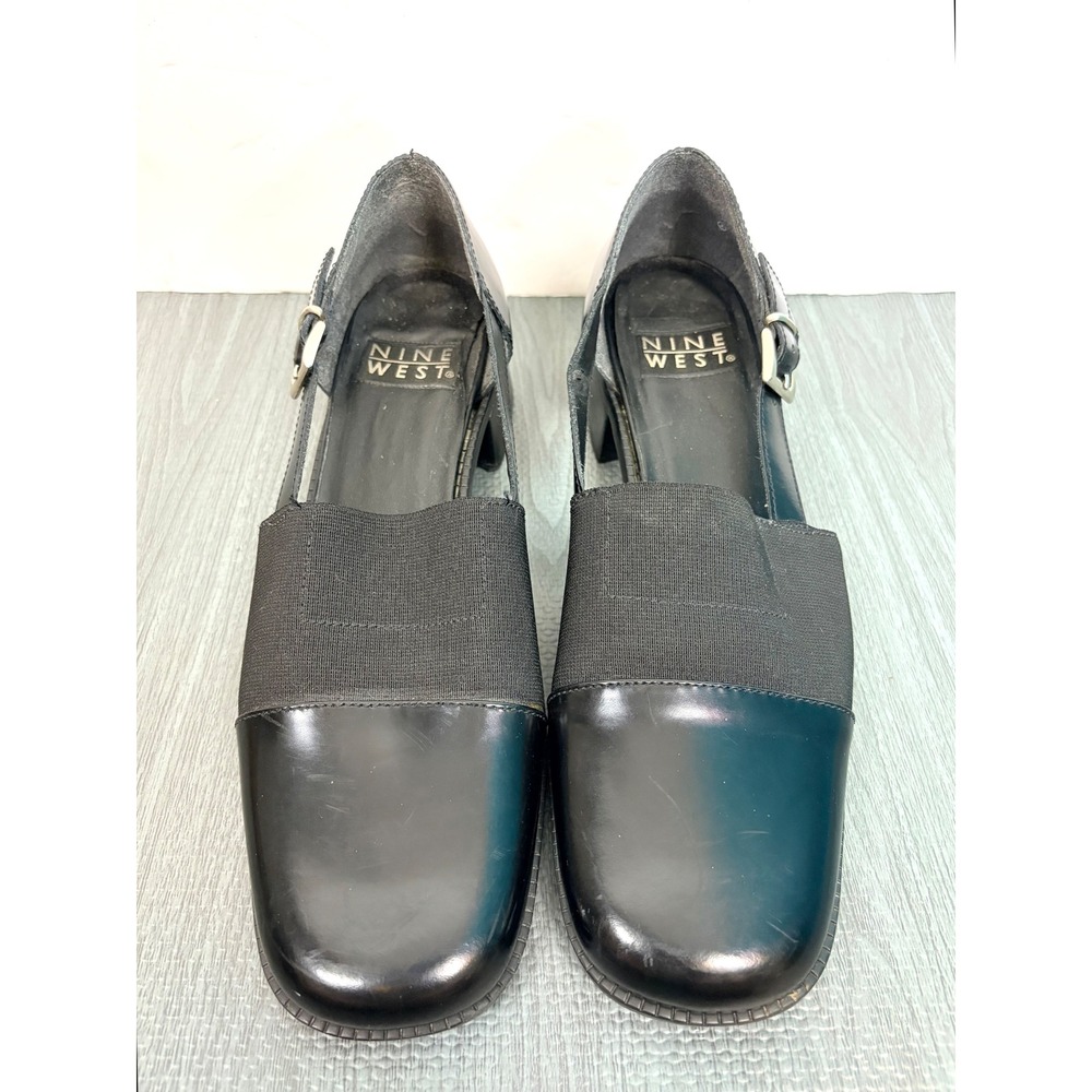 Nine West Black‎ Leather Square Toe Mary Jane Block Heel Shoes 9.5 Vintage 90s